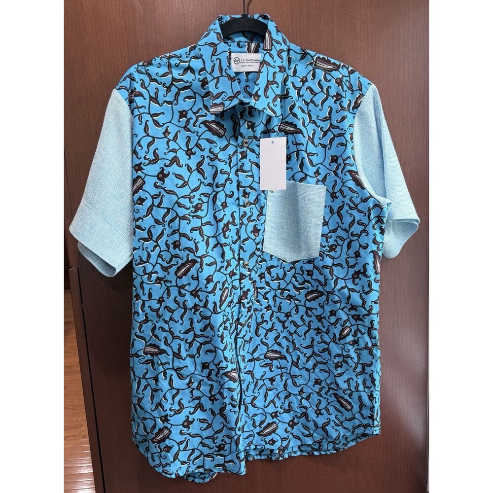 Rare Ghana African Batik Cotton Shirt Mens 46 Large Blue Leaf Print Handmade NWT